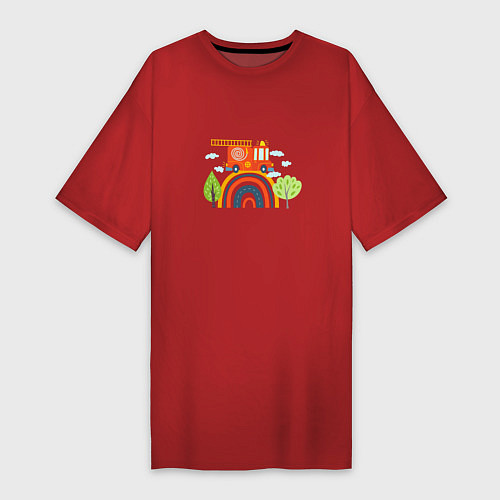 Женская футболка-платье Пожарная машина едет по радуге / Красный – фото 1
