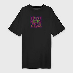 Женская футболка-платье Неоновый кот самурай
