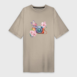 Женская футболка-платье Фотоаппарат в цветах и бабочки