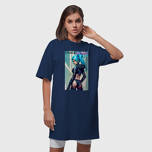 Женская футболка-платье Кибер Барби - фантазия - нейросеть / Тёмно-синий – фото 3