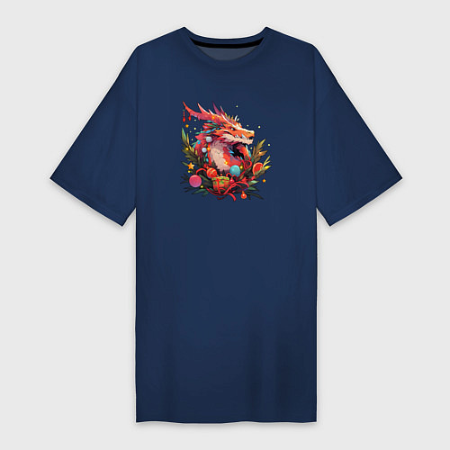 Женская футболка-платье Christmas angry dragon / Тёмно-синий – фото 1