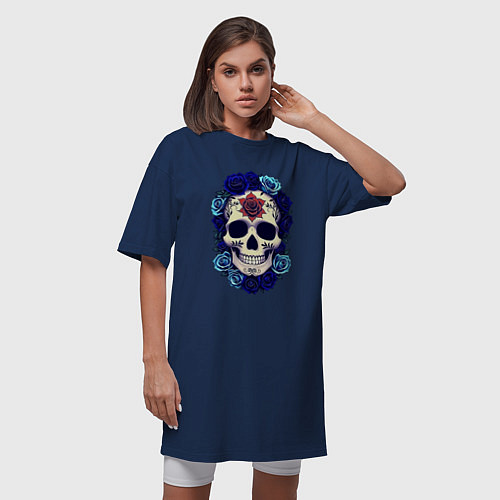 Женская футболка-платье Череп с сининими розами / Тёмно-синий – фото 3