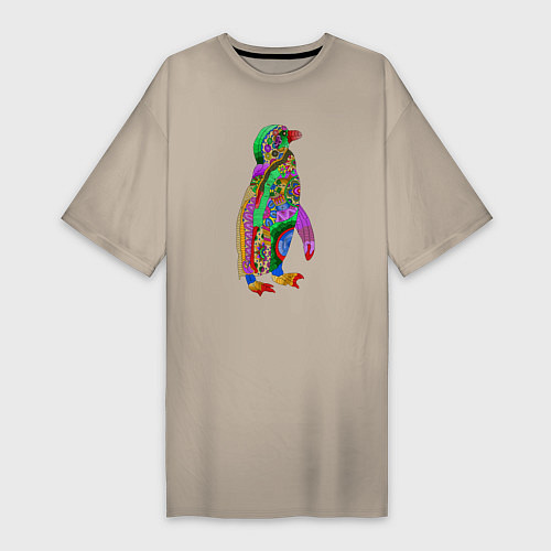 Женская футболка-платье Разноцветный пингвин / Миндальный – фото 1