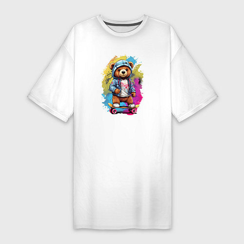 Женская футболка-платье Мишка на скейте / Белый – фото 1