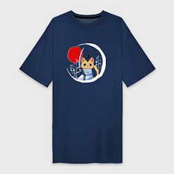 Футболка женская-платье Анимешный кот самурай, цвет: тёмно-синий