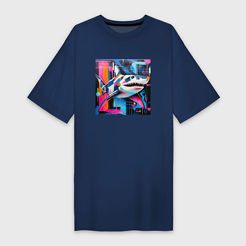 Женская футболка-платье Разноцветная акула / Тёмно-синий – фото 1