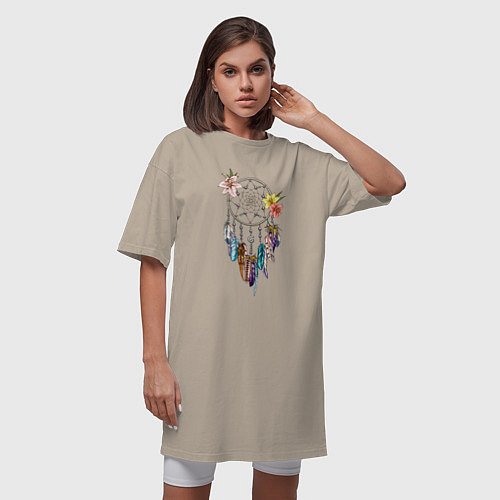 Женская футболка-платье Ловец снов с перьями / Миндальный – фото 3