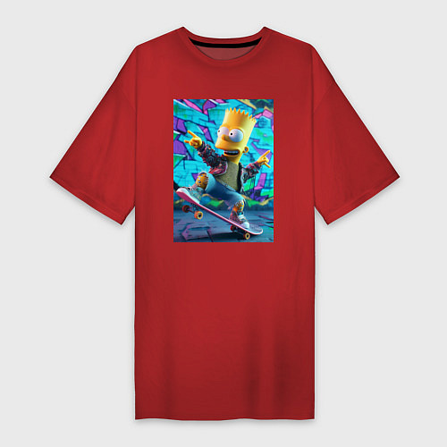 Женская футболка-платье Скейтбордист Барт Симпсон на фоне граффити / Красный – фото 1