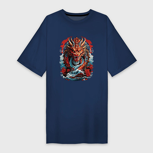 Женская футболка-платье Китайский дракон в воде / Тёмно-синий – фото 1
