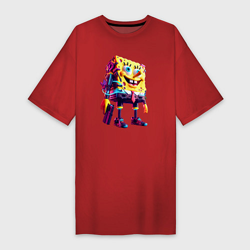 Женская футболка-платье Губка Боб с пистолетом - киберпанк - нейросеть / Красный – фото 1