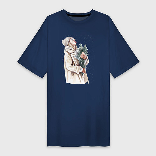 Женская футболка-платье Девушка на снегу / Тёмно-синий – фото 1