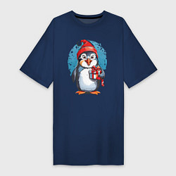 Женская футболка-платье Пингвин с новогодним подарком