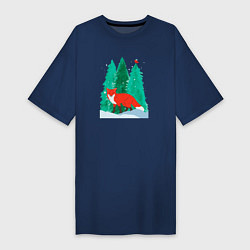 Женская футболка-платье Лиса в лесу и птичка