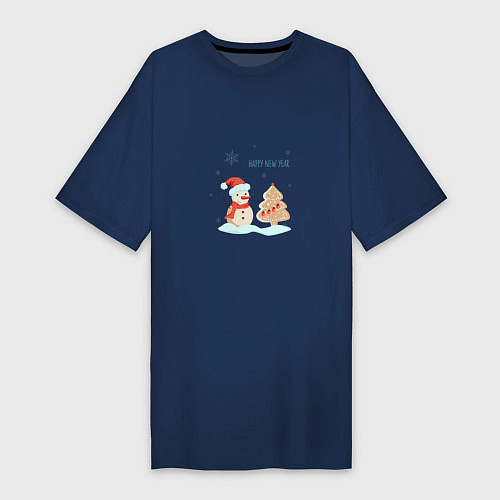 Женская футболка-платье Снеговик с имбирной ёлкой / Тёмно-синий – фото 1