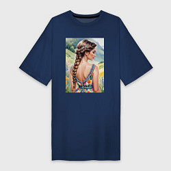 Футболка женская-платье Девушка на лугу, цвет: тёмно-синий