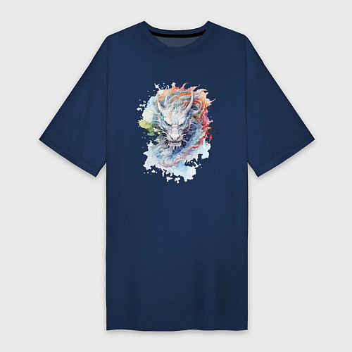 Женская футболка-платье Дракон нарисованный акварелью / Тёмно-синий – фото 1