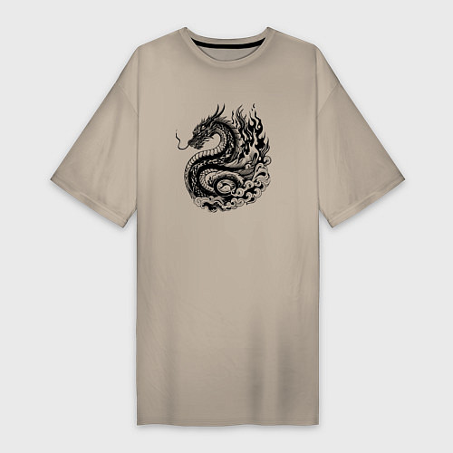 Женская футболка-платье Японский дракон - ирезуми / Миндальный – фото 1
