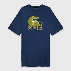 Футболка женская-платье Крокодил пьёт пиво, цвет: тёмно-синий