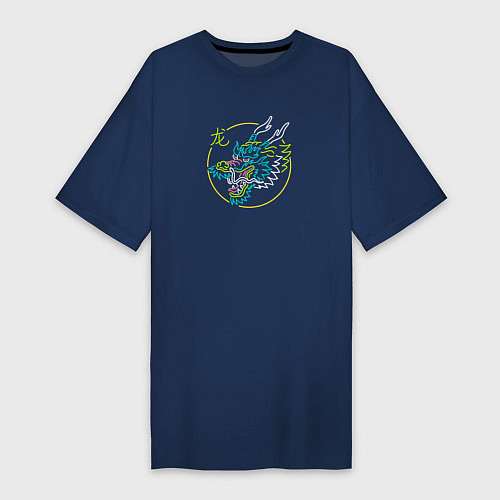 Женская футболка-платье Неоновый дракон - символ / Тёмно-синий – фото 1