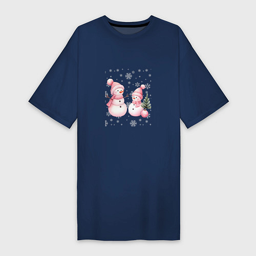 Женская футболка-платье Два снеговика на снегу / Тёмно-синий – фото 1