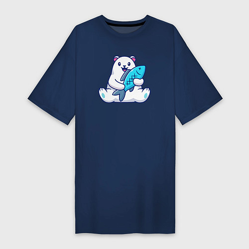 Женская футболка-платье Белый медведь с рыбой / Тёмно-синий – фото 1