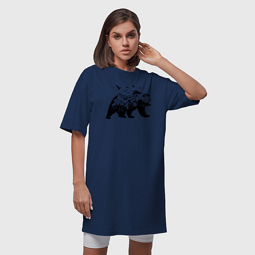 Женская футболка-платье Силуэт тайги в медведе / Тёмно-синий – фото 3