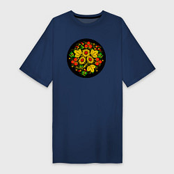 Женская футболка-платье Хохломская роспись цветы и ягоды в чёрном круге