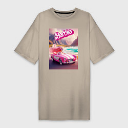 Футболка женская-платье Барби в кабриолете на горной дороге, цвет: миндальный