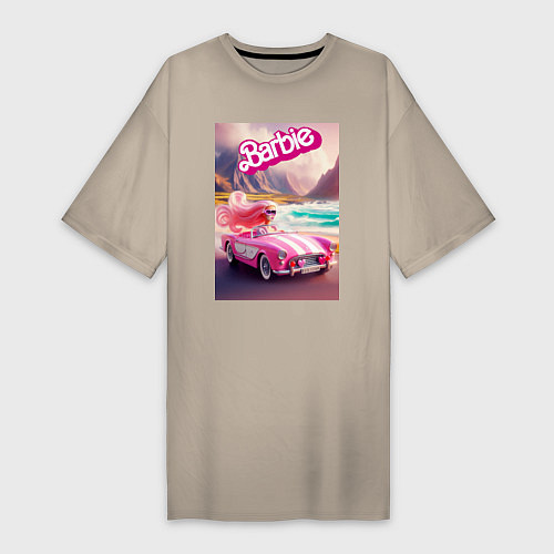 Женская футболка-платье Барби в кабриолете на горной дороге / Миндальный – фото 1