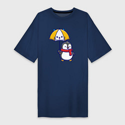Футболка женская-платье Пингвинчик под зонтом, цвет: тёмно-синий