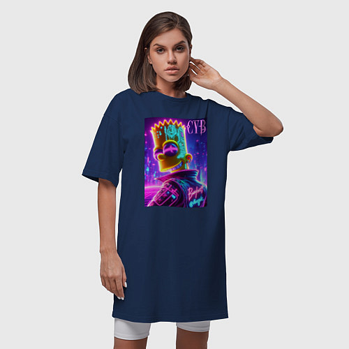 Женская футболка-платье Cyber Bart - neon glow / Тёмно-синий – фото 3