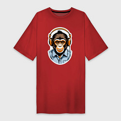 Футболка женская-платье Портрет обезьяны в наушниках, цвет: красный