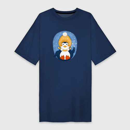 Женская футболка-платье Пингвин со снежинкой / Тёмно-синий – фото 1