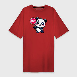 Футболка женская-платье Милая панда со знаком стоп, цвет: красный