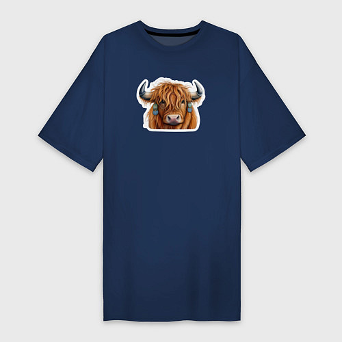 Женская футболка-платье Шотландский волосатый бык / Тёмно-синий – фото 1
