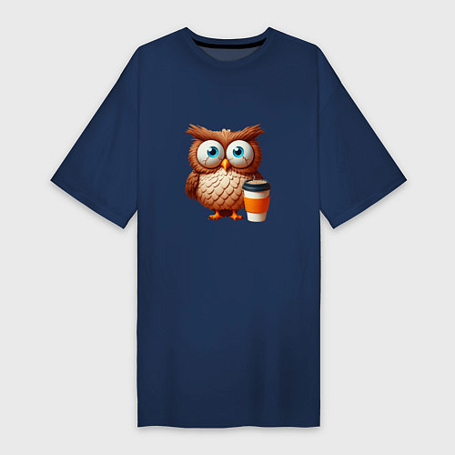 Женская футболка-платье Растрепанная сова с кофе / Тёмно-синий – фото 1