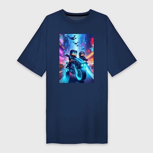 Женская футболка-платье Майнкрафт - чувак на мотоцикле / Тёмно-синий – фото 1