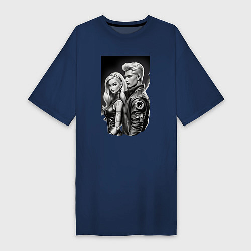 Женская футболка-платье Барби и Кен - киберпанк эскиз / Тёмно-синий – фото 1