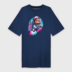 Футболка женская-платье Полёт космонавта капибары - нейросеть, цвет: тёмно-синий
