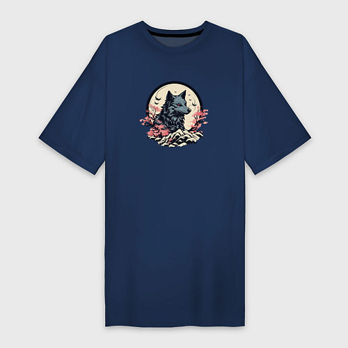 Женская футболка-платье Черный волк в горах / Тёмно-синий – фото 1