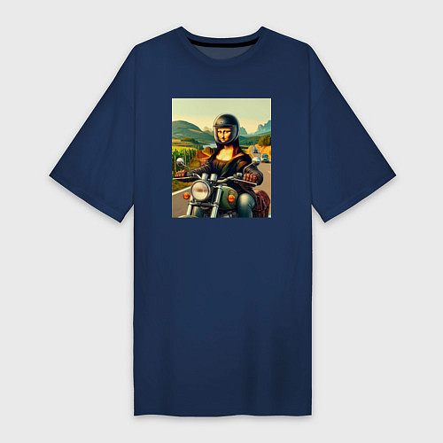 Женская футболка-платье Mona Lisa on a motorcycle - ai art / Тёмно-синий – фото 1