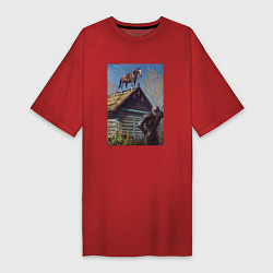 Футболка женская-платье Геральд и плотва на крыше - обложка карты из Гвинт, цвет: красный