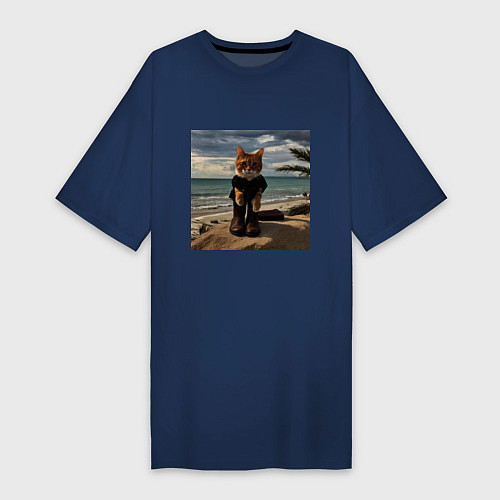 Женская футболка-платье Пляжный котик / Тёмно-синий – фото 1