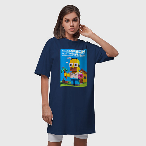 Женская футболка-платье Homer Simpson and Minecraft - collaboration ai art / Тёмно-синий – фото 3