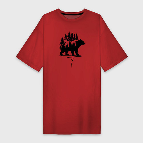 Женская футболка-платье Медведь силуэт и деревья / Красный – фото 1