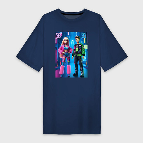 Женская футболка-платье Барби и Кен в ночном городе - нейросеть / Тёмно-синий – фото 1