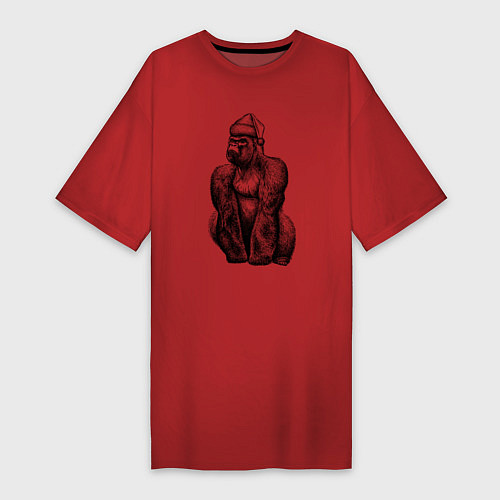 Женская футболка-платье Горилла в новогодней шапке / Красный – фото 1