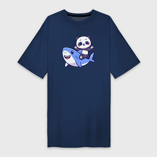 Женская футболка-платье Панда и акула / Тёмно-синий – фото 1