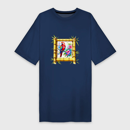 Женская футболка-платье Попугай в рамке из бамбука / Тёмно-синий – фото 1