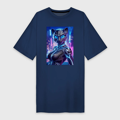 Женская футболка-платье Cyber panter - ai art fantasy / Тёмно-синий – фото 1